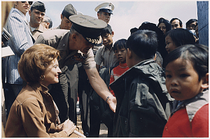 First lady Betty Ford meets with Vietnamese refugee children at Camp Pendleton in California in May 1975.