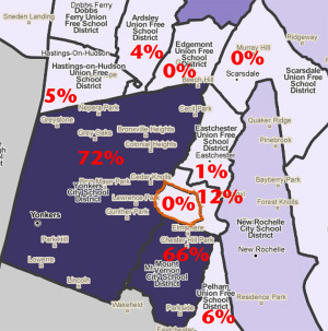 A Community Housing Innovations map created using PolicyMap shows Yonkers and surrounding school districts”™ percentages of students eligible for free and reduced-price lunches.