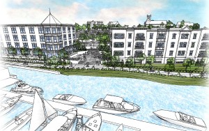 An architect”™s sketch of Head of the Harbor South, a planned mixed-use development on Smith Street.