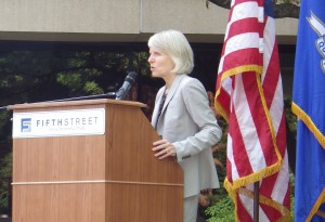 Catherine Smith, commissioner of the state Department of Economic and Community Development, in Greenwich last summer at the relocation of Fifth Street Management from New York state.