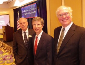 From left, Rey Giallongo, board chairman and CEO, First County Bank, and board chairman, Business Council of Fairfield County; Joseph Tracy, executive vice president, Federal Reserve Bank of New York; and Chris Bruhl, president and CEO of The Business Council of Fairfield County. Photo by Bill Fallon