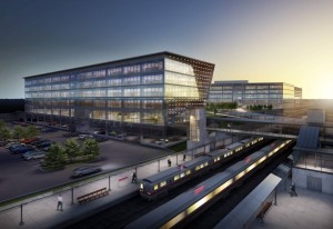 An artist”™s rendering of what the Fairfield Metro train station will look like with a mixed-use concourse building.