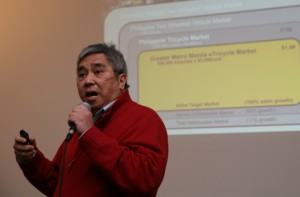 Talino EV CEO Henry Abreu gives his five-minute pitch about electric vehicle battery packs. Photo by Crystal Kang