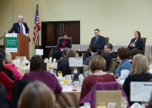 From left, moderator Christopher Bruhl, president and CEO, The Business Council of Fairfield County; Josephia Chan, associate director for occupational health and wellness, Boehringer Ingelheim Pharmaceuticals Inc., Platinum Award honoree; Paul Gallo, director of exercise science and wellness, Norwalk Community College, Platinum Award honoree; and Andrea Gale, senior benefits consultant, Harman International Industries Inc., Platinum Award honoree. Photo by the Business Council of Fairfield County