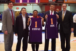 From left, Marc Miller, director of marketing partnerships, Westchester Knicks; Dave Decina, director of team sales, Westchester Knicks; Karen Cheeks-Lomax, CEO of My Sisters”™ Place; Gary Turco, general manager of Pepe Auto Group; and Bill Boyce, vice president of sales and business operations, Westchester Knicks. Photo courtesy Westchester Knicks