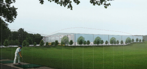 A rendering of the proposed field house viewed from the golf range. The dome outline represents Game On's previous plan for a sports bubble at the site of Frank's Nursery.