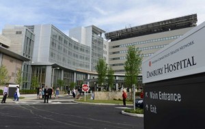 The new 11-story addition, left, shown during the dedication party last summer at Danbury Hospital. Photo by Tyler Sizemore