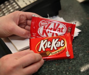 Mary Slater holds the European Kit Kat, top, and American version side-by-side.