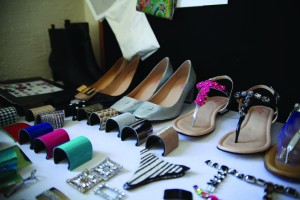 Shoe prototypes and accessories line a table in Kara Schwartz”™s home office. Photo by Danielle Brody