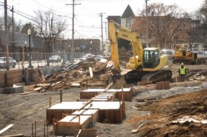 Workers pour foundations for Bridgeport Neighborhood Trust's mixed-use three-story development at 1803 Stratford Ave. in Bridgeport's East End. Photo by Brian A. Pounds