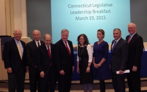 From left, Darrell Harvey, co-CEO, The Ashforth Co.; Rey Giallongo, chairman and CEO, First County Bank, and board chairman, Business Council of Fairfield County; state Senate President Pro Tempore Martin Looney, D-Hamden, New Haven, North Haven; House Speaker Brendan Sharkey, D-Hamden; Pamela Elkow, partner, Robinson & Cole LLP, and board director and officer, Business Council of Fairfield County; House Minority Leader Themis Klarides, R-Woodbridge, Orange, Derby; Senate Minority Leader Len Fasano, R-Durham, East Haven, North Haven, Wallingford; and Christopher Bruhl, Business Council of Fairfield County president and CEO. Photo by Bill Fallon