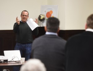 Chief Marketing Officer Peter Propp talks during hacker night at the Stamford Innovation Center in January. Photo by Tyler Sizemore