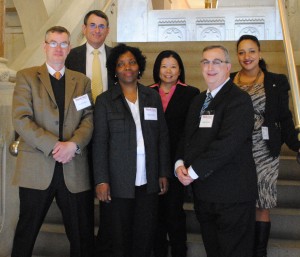 Several southwestern Connecticut graduates and Platform to Employment staff at the Capitol in Hartford, including, front from left, Marc Fischer of Westport, Regina Bryan of Norwalk, Joseph Favano of Norwalk; and back row from left, Joel Zaremby, employer relations specialist for The WorkPlace, Angel Chan of Norwalk and Tanya Rosario, career coach for The WorkPlace.