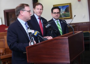 From left, Stratford Mayor John Harkins with U.S. Sen. Richard Blumenthal and state Department of Energy and Environmental Protection Commissioner Robert Klee. Photo by Bill Fallon