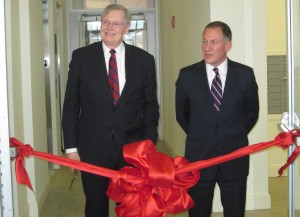 Stamford Mayor David Martin, left, and Building and Land Technology CEO Carl R. Kuehner III held a ribbon-cutting ceremony for the building April 9.