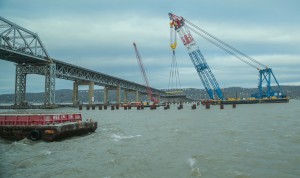 I Lift NY goes to work on the New NY Bridge project in April. Photo courtesy New York State Thruway Authority