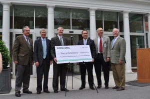 From left, Lloyd Bankson III, Witherell board member; David Ormsby, chairman of the Friends of Nathaniel Witherell; Ken Bowes, vice president of distribution for Eversource Energy; Greenwich First Selectman Peter J. Tesei; Allen Brown, Witherell's executive director; and H. Andrew Fox, chairman of  the Witherell Town Building Committee.