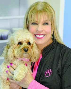Owner of The Golden Dog Grooming Salon & Spa in Wappingers Falls, Jean Balducci cozies up to a fashionable cavapoochon, one of a popular mixed breed of large and small canines.