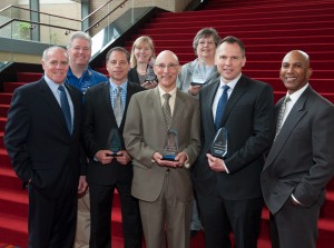 H. Scott Phelps, president of the Connecticut Convention & Sports Bureau (front row, far left), and Patricia Patusky, superintendent of recreation for the town of Stratford Recreation Department (back row, far right), at the Convention & Sports Bureau”™s award ceremony in May.