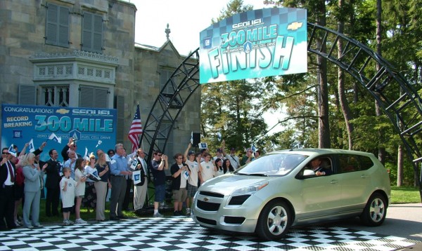 A Chevrolet Sequel hydrogen fuel cell vehicle crosses the finish line at Lyndhurst Castle in Tarrytown after an unprecedented 300-mile drive across the state in 2007. File photo