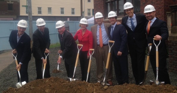 At the groundbreaking for the redevelopment of Bedford Square in Westport are, from left, Wade McDevitt of The McDevitt Group; John Everly of M&T Bank; Westport First Selectman James Marpe; Karen Johnson of Bedford Square Associates; and Bedford Square Associates partners Lance Sauerteig, Paul Brandes, David Waldman and Dan Zelson.