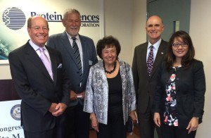 From left, Dan Adams, executive chairman and global head of business development, Protein Sciences Corp.; Roger Scheiber, vice president of development, Rockland Business Association; U.S. Rep. Nita Lowey; Michael DiTullo, president and CEO, Rockland Economic Development Corp.,; and Mireli Fino, vice president of manufacturing operations, Protein Sciences. Photo courtesy Nita Lowey's office