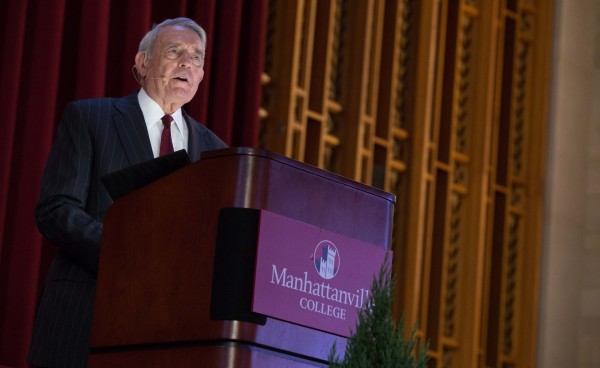 Dan Rather speaks to a room of more than 100 people June 24 as part of the Castle Conversations lecture series at Manhattanville College. Photo courtesy Sirin Samman Photography