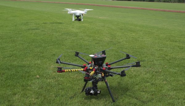 The DJI Phantom drone, used at polo matches, above the DJI S1000 drone, used for real estate shoots. Photo by Danielle Brody