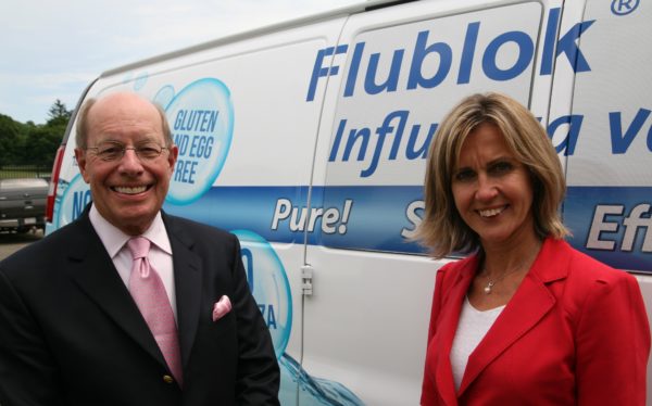 Daniel D. Adams, Protein Sciences Corp. executive chairman, and Dr. Manon M. J. Cox, president and CEO, outside the company”™s flu vaccine manufacturing plant in Pearl River.