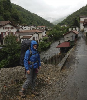 Leigh Ellis backpacks the Camino de Santiago during a rainy day in Roncesvalles, Spain. 