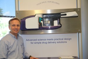 Joseph Kocinsky, senior vice president at MannKind next to a model of Afrezza. Photo by Danielle Brody