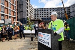 Simon Etzel, senior vice president and principal of KBE Builders speaks during the topping off ceremony for the STEM residence hall on Sept. 14, 2015. Photo by Peter Morenus/UConn Photo