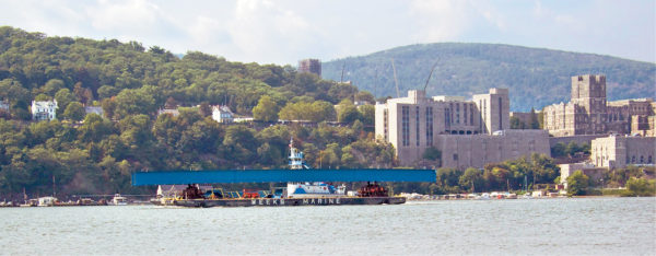 Mostly rail traffic, but also the region”™s roads ”“ including the proposed multibillion-dollar remake of the Interstate-84 interchange at Waterbury ”“ were discussed at the Business Council event. Here, a beam for the new Tappan Zee Bridge passes the U.S. Military Academy at West Point recently. The Interstate-287 link is now past the halfway mark for construction. 