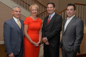 Speakers at The Business Council of Westchester annual dinner included, from left, Tony Justic, Business Council board chairman; Marsha Gordon, Business Council president and CEO; author Mark Halperin; and Dr. Leonard Schleifer, CEO of Regeneron Pharmaceuticals Inc. 