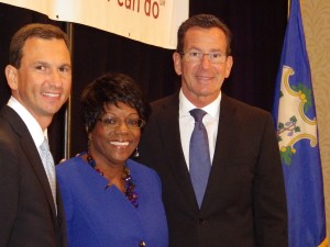 From left, Garry Feldman, president, U.S. Computer Connection and Stamford Chamber of Commerce Board chairman; Education Award winner Sharon White of UConn Stamford; and Gov. Dannel Malloy.