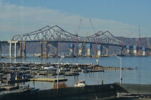 A view of construction with the Tarrytown marina in the foreground.