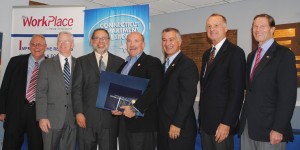 From left, Christopher Caruso, project manager, office of the commissioner, state Department of Labor; Sean Connolly, commissioner, state Department of Veterans”™ Affairs; state Rep. Jack Hennessy; Gregg Barratt, assistant vice president for training and development/veterans affairs, Frontier Communications; state Sen. Carlo Leone; Dennis Murphy, deputy commissioner, state Department of Labor; and U.S. Sen. Richard Blumenthal.