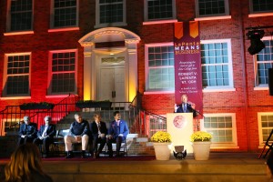  Robert V. LaPenta addresses Iona College officials Nov. 20 after making a $15 million donation toward the School of Business. Iona photo by Monika Graff