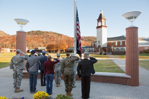 The student veterans organization raises the US flag over the quad on Qunnipiac's Mount Carmel Campus, Photo courtesy of Qunnipiac University