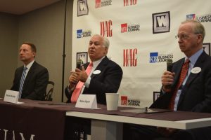 Westchester County Executive Robert Astorino, executive and author Walter Raquet and Richard Brodsky, a lawyer and former member of the New York State Assembly speak at "Is Government Choking Business?" panel discussion Sept. 27 at the Fordham School of Professional and Continuing Studies in West Harrison.