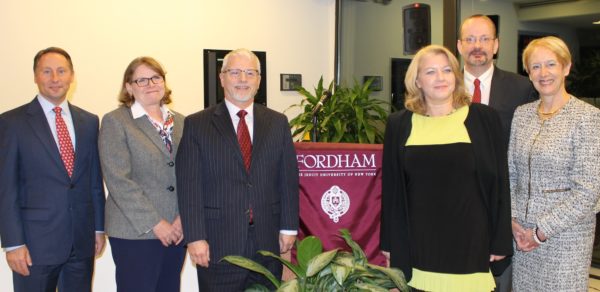 From left, Westchester County Executive Rob Astorino; Virginia Roach, dean of the Fordham Graduate School of Education; Anthony Davidson, dean of the School of Professional and Continuing Studies; Debra McPhee, dean of the Graduate School of Social Service; Grant Grastorf, academic operations administrator; Marsha Gordon, president and CEO, Business Council of Westchester. 
