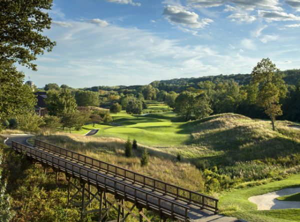 Looking back towards the 10th tee from the 11th tee at Great River golf Club in Connecticut. A beautiful Sunday afternoon for shooting a golf course. Great River is located adjacent to the Housatonic river.