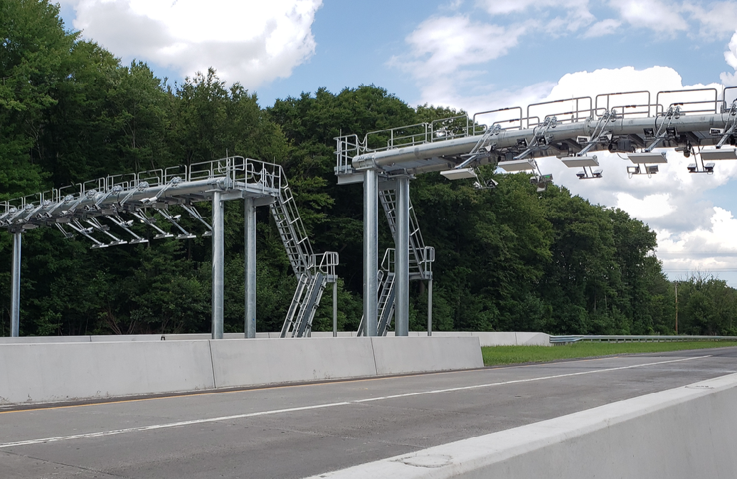 A New York State Thruway gantry for cashless toll collection.