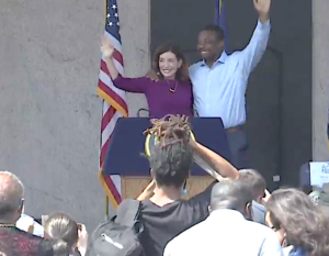 Gov. Kathy Hochul and her pick as Lt. Gov., state Sen. Brian Benjamin.