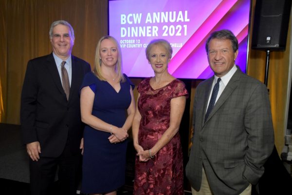 At the BCW 2021 dinner: From left: John Ravitz, BCW vice president and COO; Heidi Davidson, BCW chairman of the board; Marsha Gordon; and George Latimer.