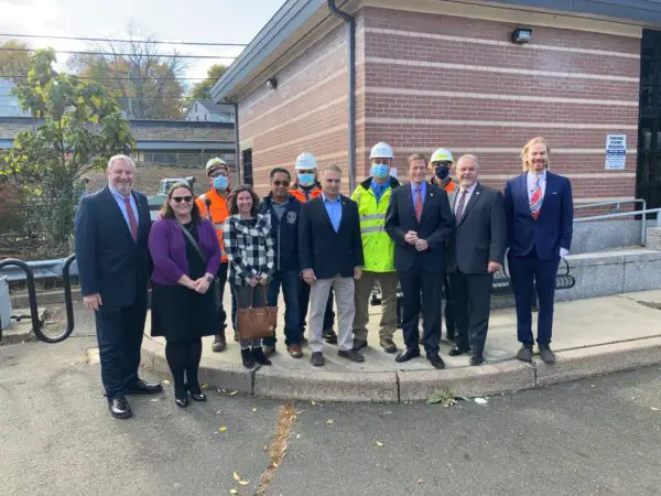 Sen. Blumenthal, third from right in front, with other officials at Danbury train station Nov. 10.