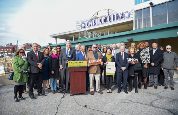 Group that gathered at Empire City Casino in Yonkers Nov. 17 to press for a full gaming license. Photo by Jelena Gerga.