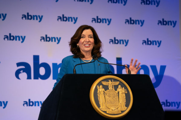 Hochul speaking at ABNY breakfast