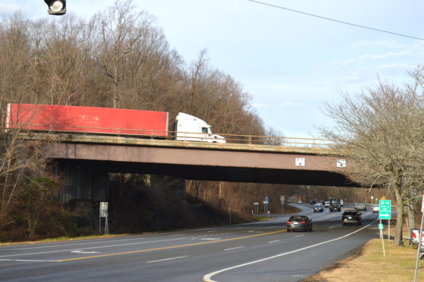 A bridge on I-684 in Westchester carries traffic over a local road. Photo by Peter Katz.