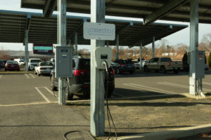 An EV charger located in Fairfield CT, charged by a solar panel array.